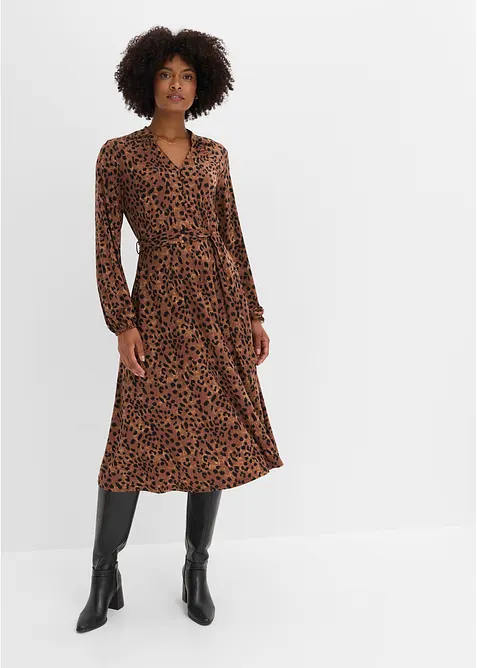 Leopardm&oslash;nstret jerseykjole med knytebelte, bonprix