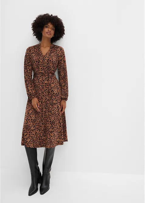 Leopardm&oslash;nstret jerseykjole med knytebelte, bonprix