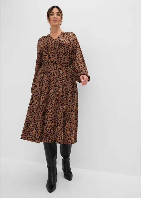 Leopardm&oslash;nstret jerseykjole med knytebelte, bonprix