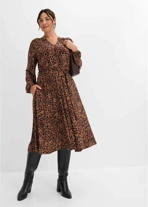 Leopardm&oslash;nstret jerseykjole med knytebelte, bonprix