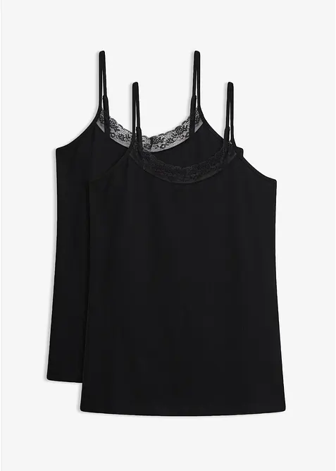 Singlet med &oslash;kologisk bomull og blonder (2-pack), bonprix