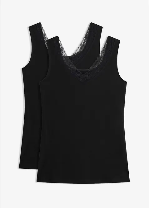 Singlet med &oslash;kologisk bomull og blonder (2-pack), bonprix