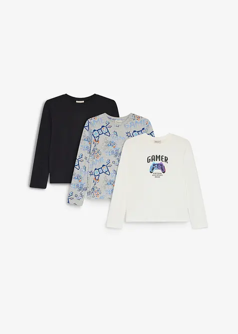 Langermet topp med myk, &oslash;kologisk bomull (3-pack), bonprix
