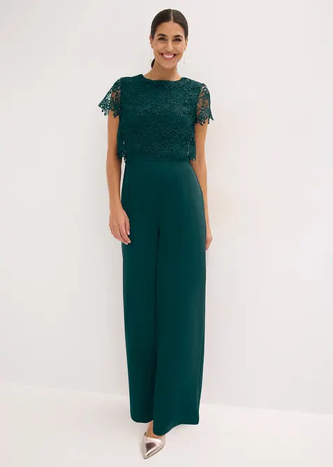 Jumpsuit i myk scuba med blonder, bonprix