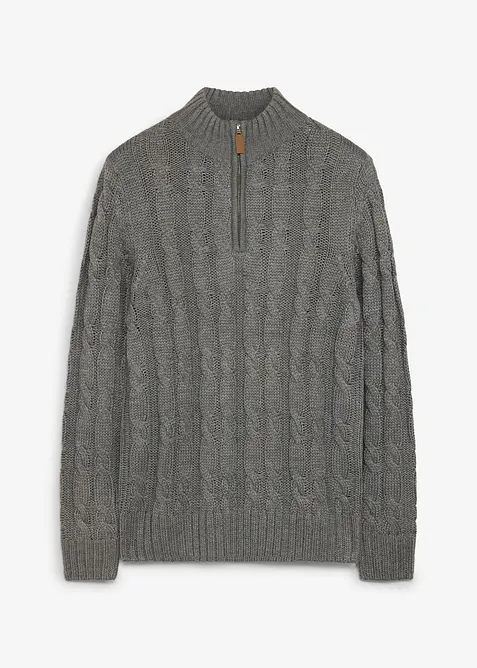 Kabelstrikket half-zip-genser i melert garn, bonprix