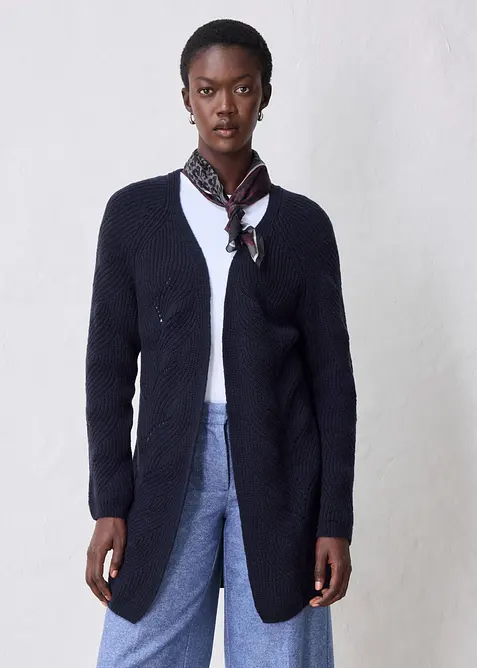 Lang cardigan i merinoullmiks med hullm&oslash;nster, bonprix