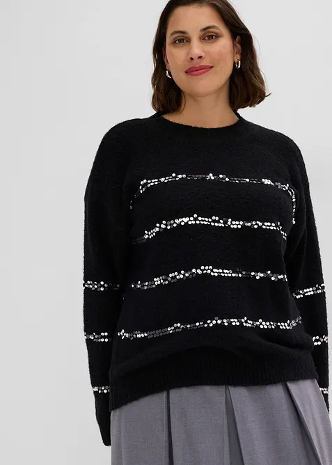 Finstrikket genser med paljettstriper, bonprix