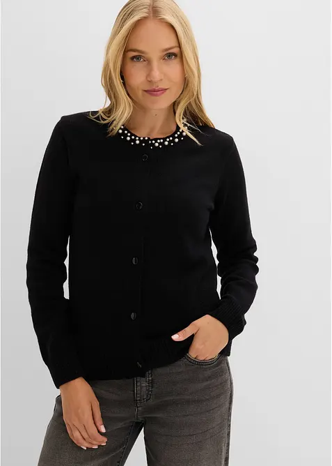 Finstrikket cardigan med perlepynt langs utringningen, bonprix