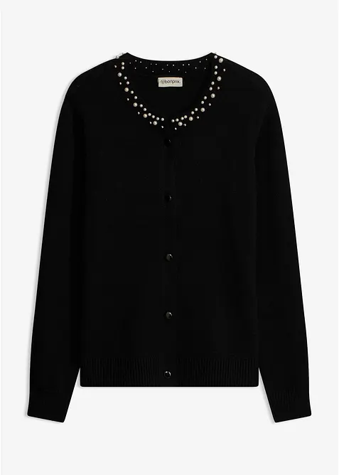 Finstrikket cardigan med perlepynt langs utringningen, bonprix