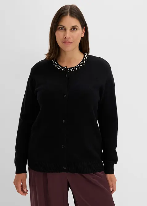 Finstrikket cardigan med perlepynt langs utringningen, bonprix