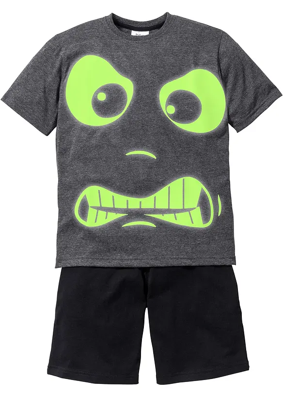 Kort pyjamas i 100% bomull med trykk som lyser i mørket (2-delt sett), bonprix