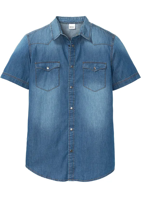 Kortermet jeansskjorte i økologisk bomull, Slim Fit, bonprix