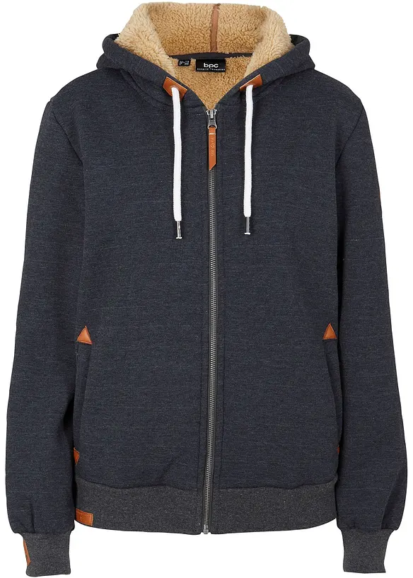 Sweatjakke med hette og teddyfôr, bonprix