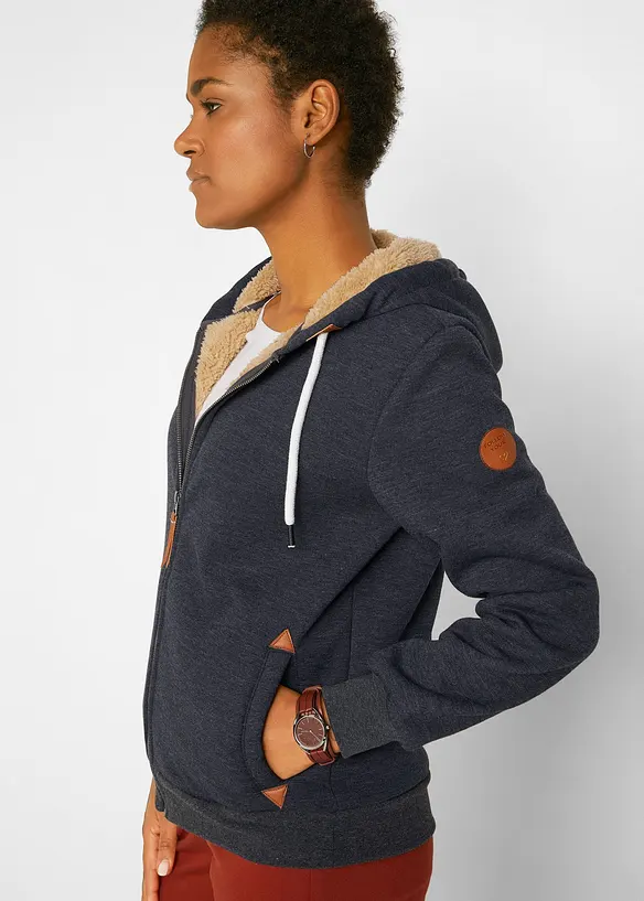 Sweatjakke med hette og teddyfôr, bonprix