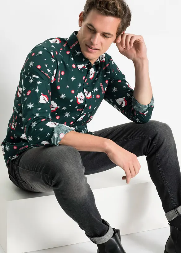 Langermet skjorte i 100% bomull med juleprint, Slim Fit, bonprix