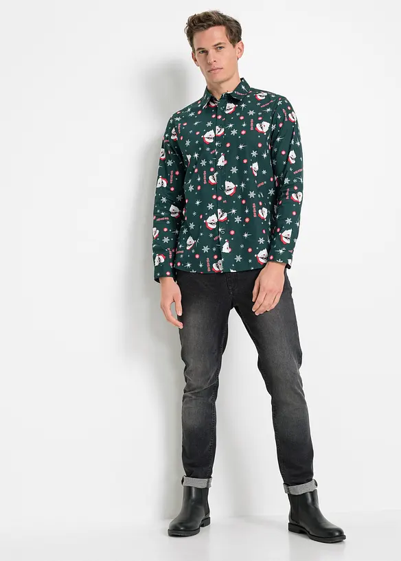 Langermet skjorte i 100% bomull med juleprint, Slim Fit, bonprix