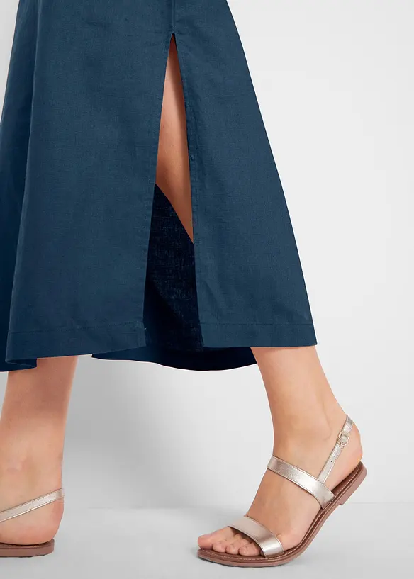 Maxi-kjole med lin, hullmønster i utringningen og splitt i siden, bonprix