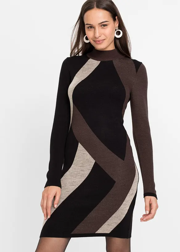Jacquard-strikket kjole med moderne stripemønster, bonprix