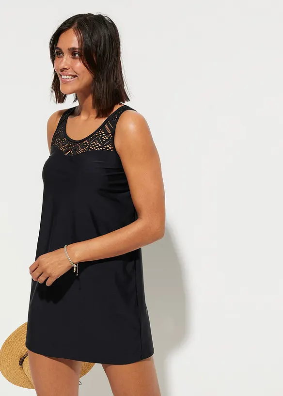 Hurtigt&oslash;rkende, lang tankini med blonder, bonprix