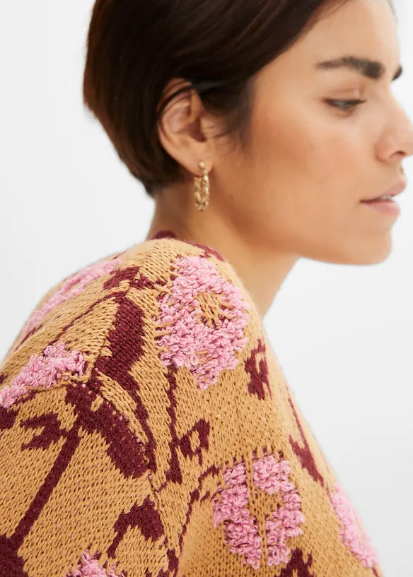 Grovstrikket cardigan med blomstermønster, bonprix