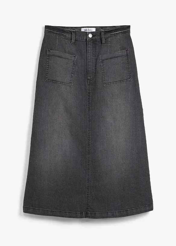 Stretch-jeansskjørt, midi-lengde, bonprix