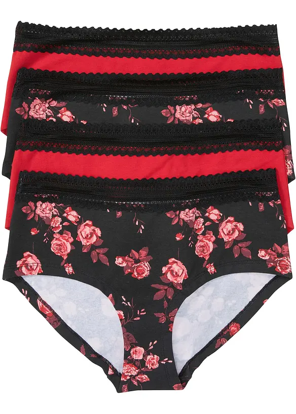 Høy truse med blonder med økologisk bomull (4-pack), bonprix