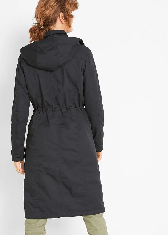 Lang trenchcoat med hette, innsvinget, lett f&ocirc;ret, bonprix