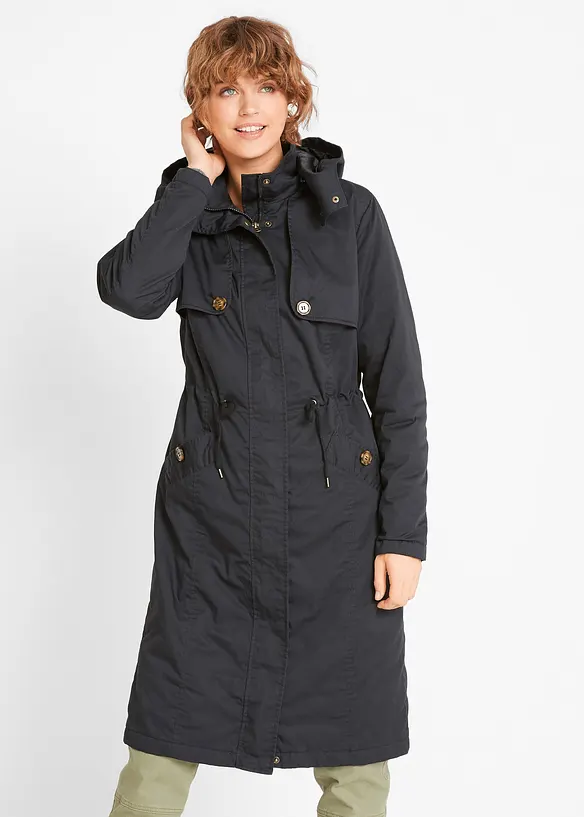 Lang trenchcoat med hette, innsvinget, lett f&ocirc;ret, bonprix