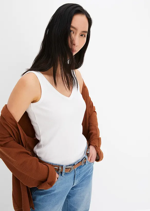 Ribbet topp i 100% &oslash;kologisk bomull (2-pack), bonprix