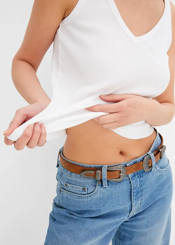 Ribbet topp i 100% &oslash;kologisk bomull (2-pack), bonprix