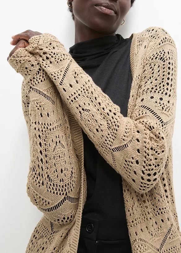 Lang strikkejakke med hullm&oslash;nster, bonprix