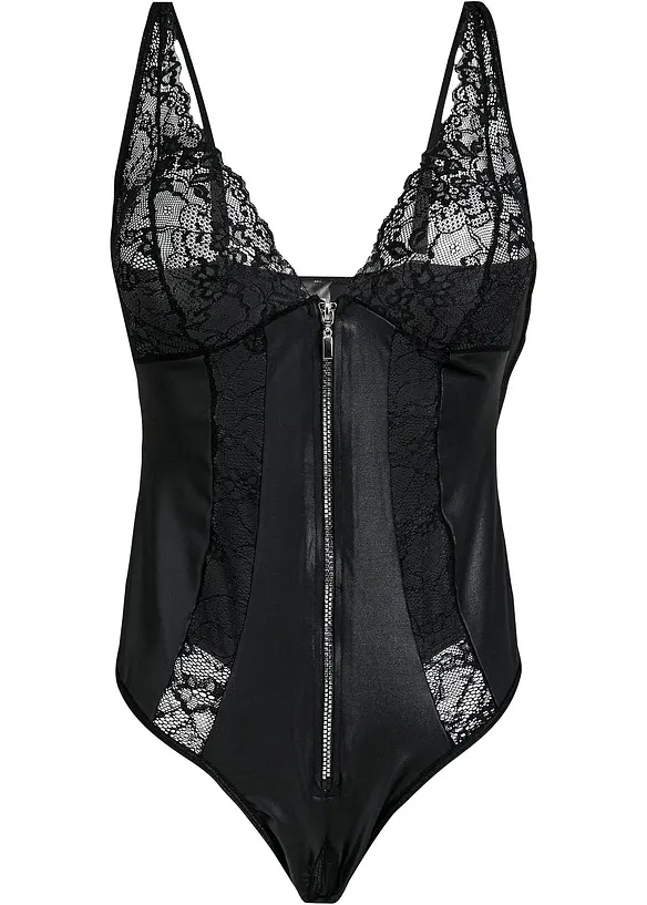 Stringbody ouvert i wetlook med glidelås, bonprix