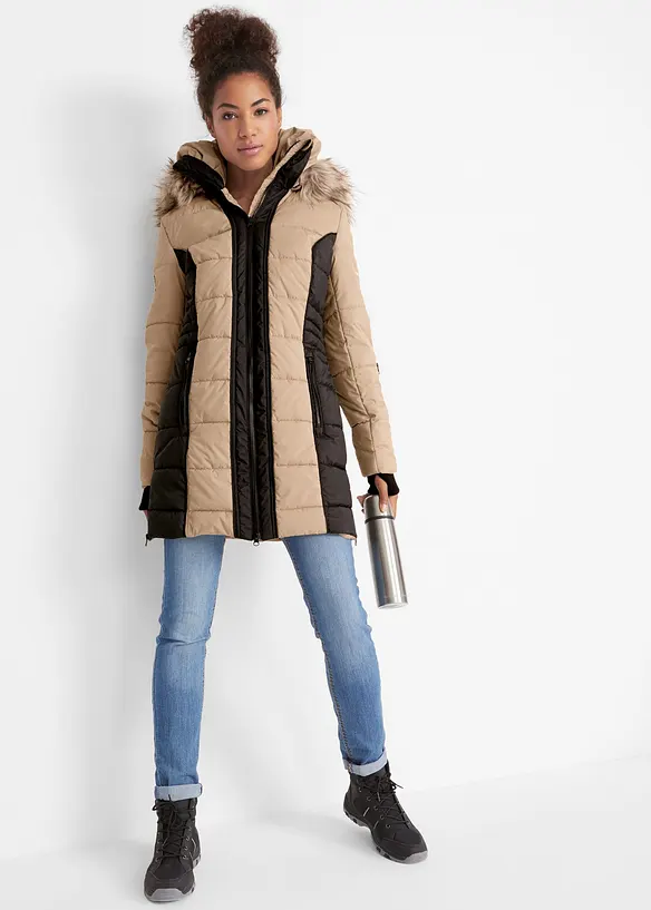 Lang jakke i vannavvisende materiale med fuskepels, bonprix
