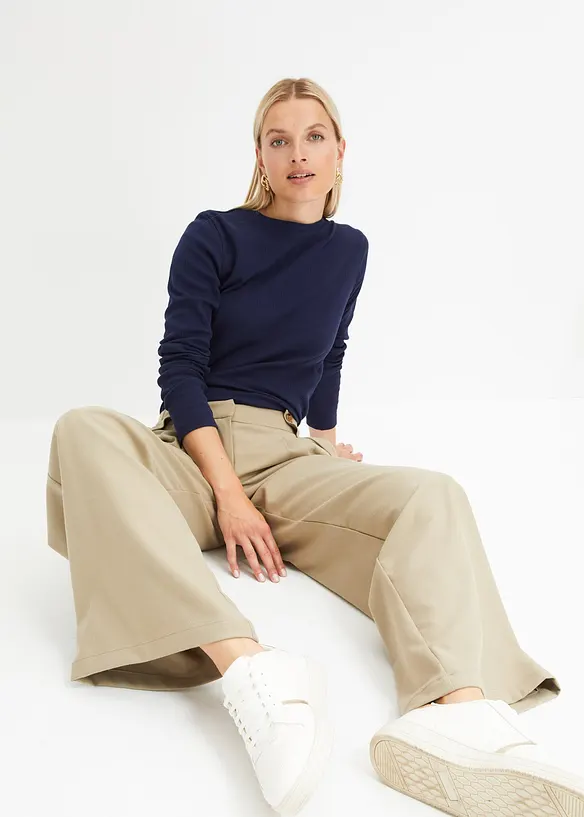 Ribbet, langermet topp i 100% bomull, bonprix