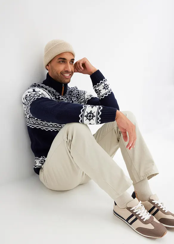 Genser i marinestil med koftemønster og kort glidelås i halsen, bonprix