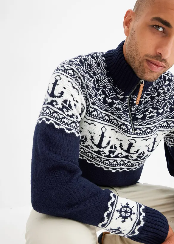 Genser i marinestil med koftemønster og kort glidelås i halsen, bonprix