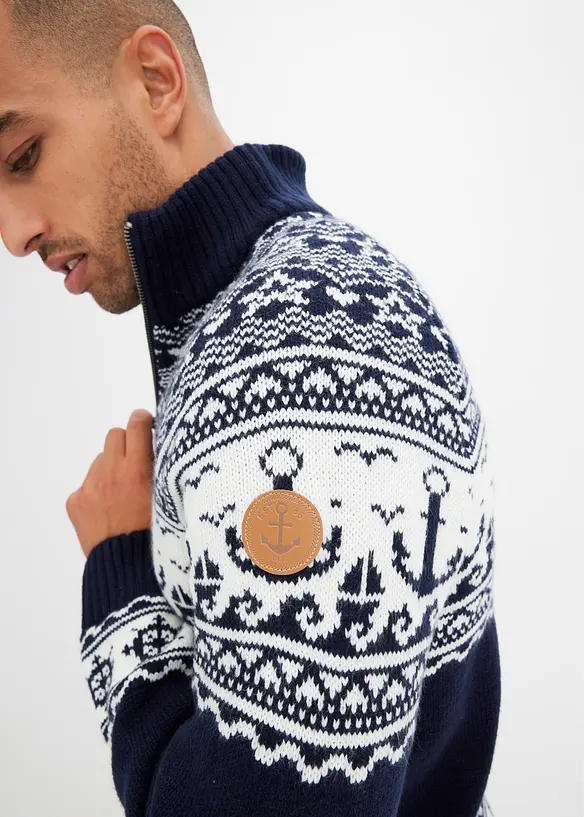 Genser i marinestil med koftemønster og kort glidelås i halsen, bonprix