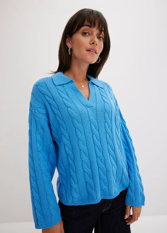 Oversized, kabelstrikket genser i myk bomull med kasjmir, bonprix