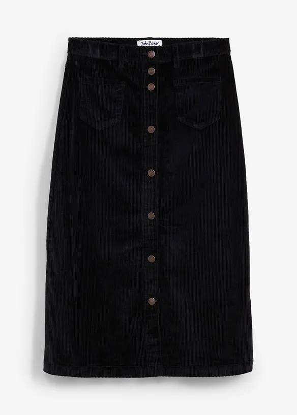 Stretch-cordskj&oslash;rt med knappestolpe, midi-lengde, bonprix