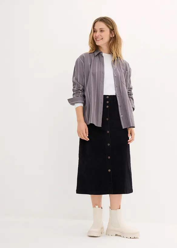 Stretch-cordskj&oslash;rt med knappestolpe, midi-lengde, bonprix