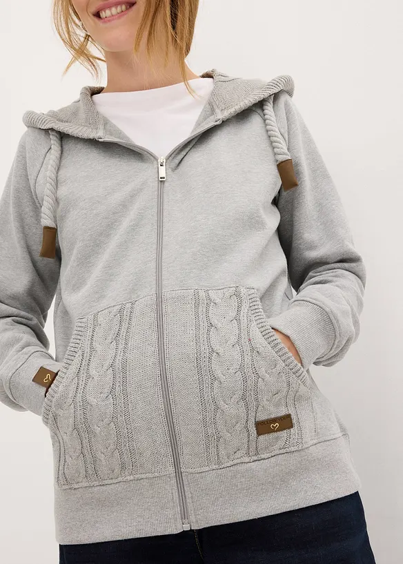 Sweatshirt med glidelås, strikket hette og lommer, bonprix