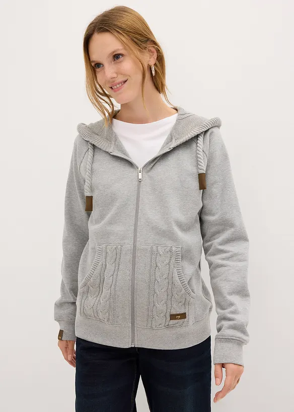 Sweatshirt med glidelås, strikket hette og lommer, bonprix