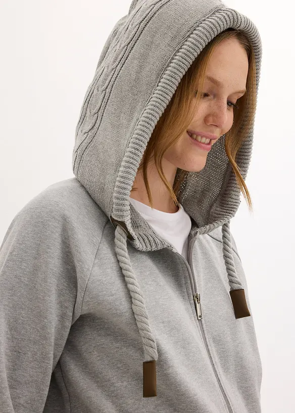 Sweatshirt med glidelås, strikket hette og lommer, bonprix