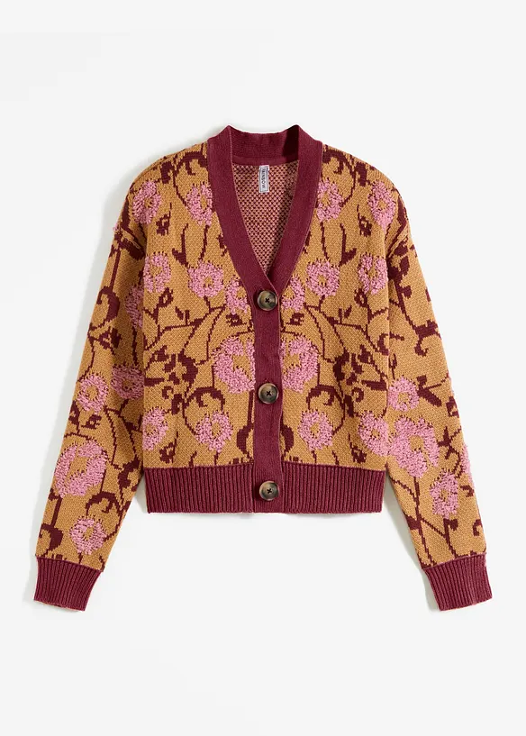 Grovstrikket cardigan med blomstermønster, bonprix