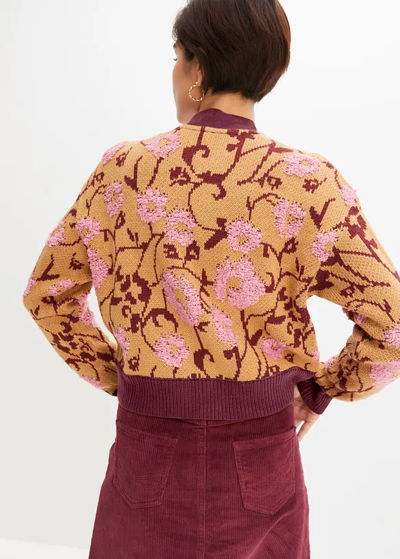 Grovstrikket cardigan med blomstermønster, bonprix
