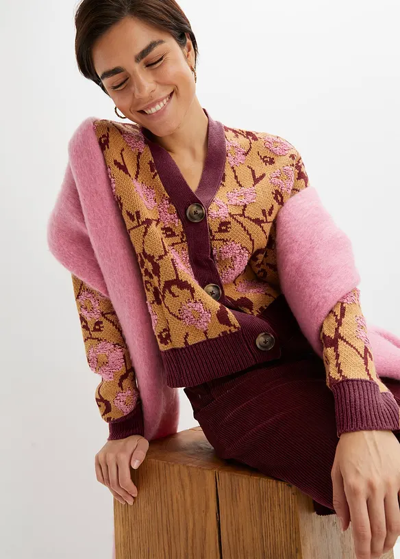 Grovstrikket cardigan med blomstermønster, bonprix