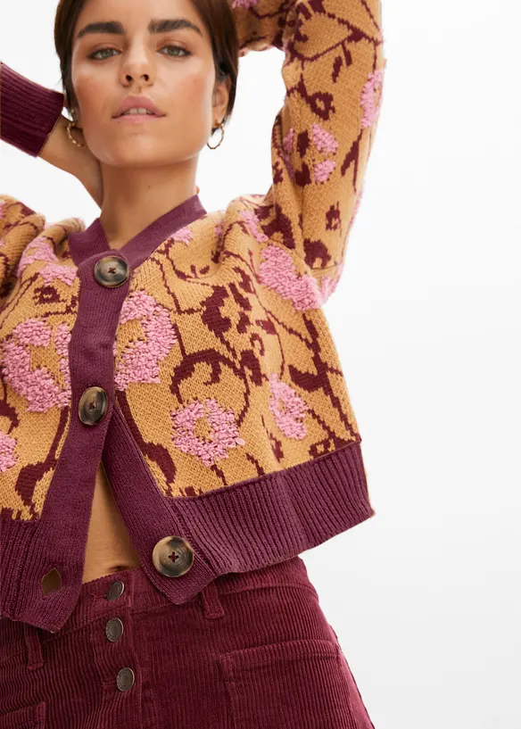 Grovstrikket cardigan med blomstermønster, bonprix