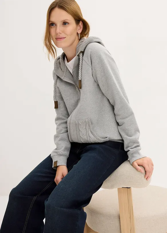 Sweatshirt med glidelås, strikket hette og lommer, bonprix