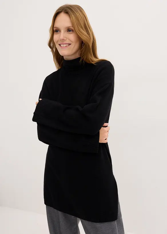 Lang finstrikket genser i viskosemiks med splitter i siden, bonprix