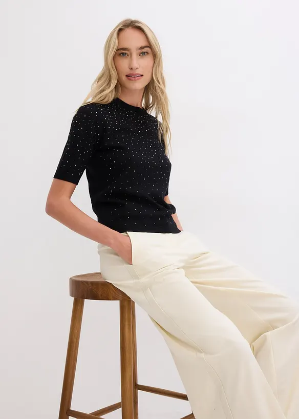 Finstrikket, kortermet genser med strass, bonprix